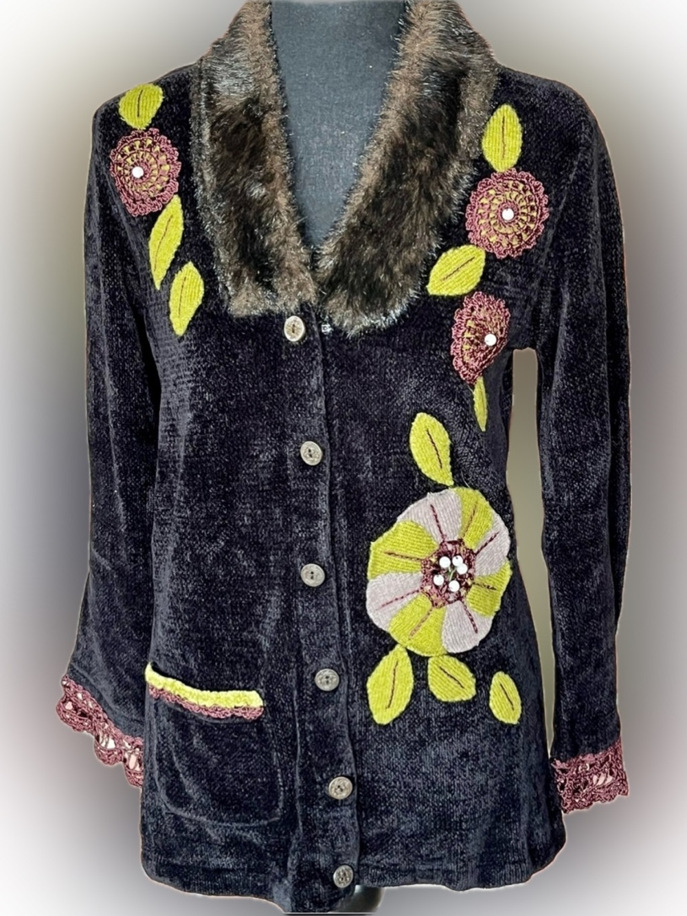 Vintage Storybook Knits Foliage Fancy Chenille Cardigan Sweater Jacket XS 90s